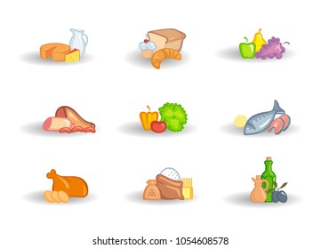 Natural supermarket food sets. Dairy products, Meat sausages chicken, Grocery fruits and vegetables, Bakery. Cartoon vector illustration.