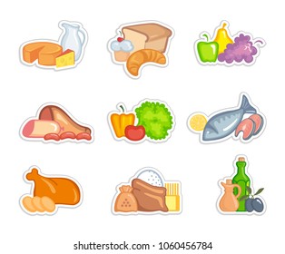 Natural supermarket food sets. Dairy products, Meat sausages chicken, Grocery fruits and vegetables, Bakery. Cartoon vector illustration.