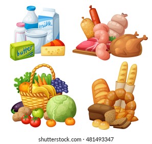 Natural supermarket food sets: Dairy products, Meat sausages chicken, Grocery fruits and vegetables, Bakery. Cartoon vector illustration.