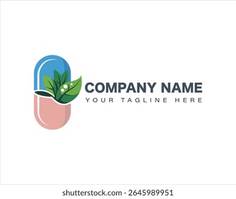 Natural Supplement Capsule Logo with Green Leaves