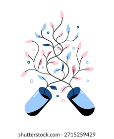 Suplementos naturais conceito de ilustração vetorial. Cápsula aberta com ramos botânicos rosa azul crescendo para fora, simbolizando ervas, suplementos orgânicos, medicina natural, bem-estar e crescimento saudável