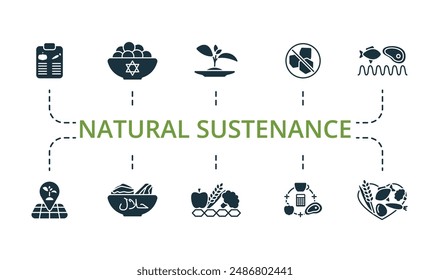 Natural sustenance set. Creative icons: meal plan, kosher food, bio product, sugar free, protein, localy grown, halal food, dietary fiber, count calories, healthy food.