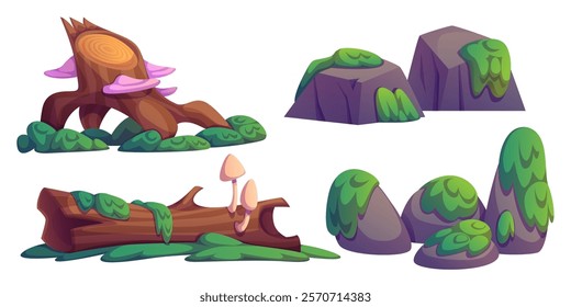 Natural swamp environment elements - fallen tree log and trunk with mushrooms, mossy grey stones and rocks, overgrown with vibrant green vegetation. Fantasy game location assets or woodland scene.