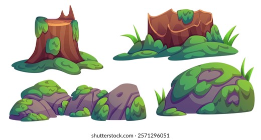 Natural swamp scenery elements - weathered tree stump, broken log and scattered rocks covered in lush moss patches and grass tufts. Forest landscape components - stones and vegetation environment.