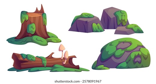 Natural swamp scenery elements - weathered tree stump, broken log and scattered rocks covered in lush moss patches and grass tufts. Forest landscape components - stones and vegetation environment.