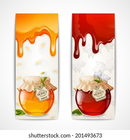 Natural sweet golden organic honey in glass jar banners set isolated vector illustration