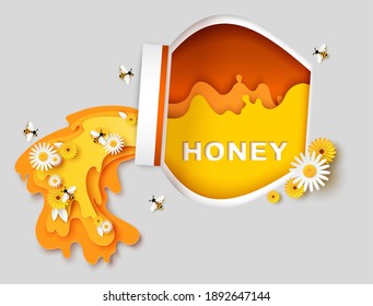 Natural sweet honey vector poster template. Paper cut craft style glass honey jar, cute bees flying over flowers and collecting nectar. Beekeeping, organic honey product logo, label.