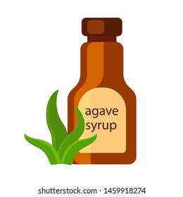 Natural sweetener agave syrup  in a brown   bottle and agave leaves vector illustration isolated on white background. Natural sweetener.