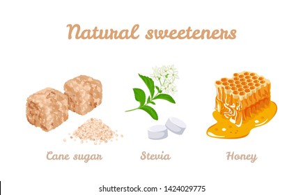 Natural sweeteners set. Vector stock illustration of honey, stevia plants and pills. Brown cane sugar cubes and sugar pile isolated on white background. Cartoon flat simple style.