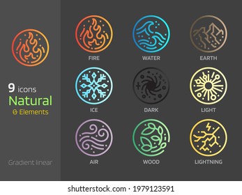 Natural symbol concepts gradient linear style icon  Earth water wind fire 4 elements sign  Mono line design in circle shape