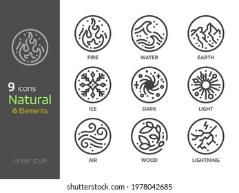 Natural symbol concepts linear style icon. Earth,water,wind,fire 4 elements sign. Mono line design in circle shape svg