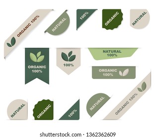 natural tag label and organic label green. modern ribbon banner and badges design.