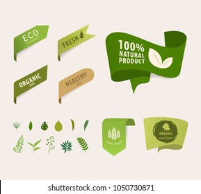 natural tag ribbon and organic label green color. eco banner vector design.