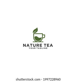 natural tea logo with cup that has leaves reflecting nature