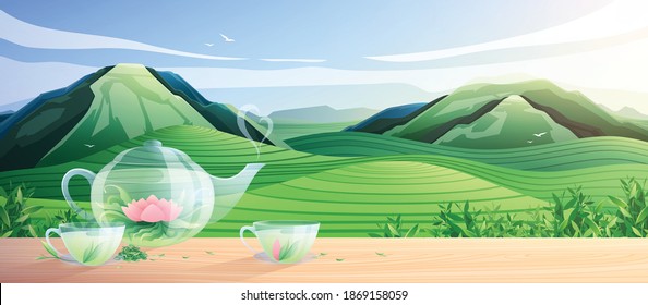 Natural tea production colorful composition with glass utensils for tea ceremony at nature landscape background flat vector illustration