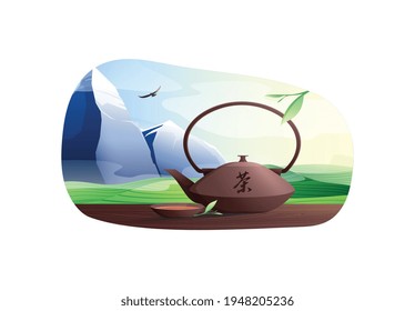 Producción natural de té composición plana con kit de ceremonia de té en el paisaje montañoso ilustración vectorial