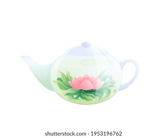 Natural tea production flat composition with isolated image of teapot with green tea and flower inside vector illustration