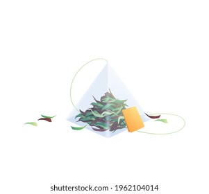 Producción natural de té composición plana con imagen aislada de bolso de té en forma de pirámide ilustración vectorial