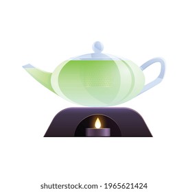 Producción natural de té composición plana con imagen aislada de tetera verde en ilustración vectorial de quemador