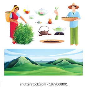 Natural tea production flat set of indian woman and chinese man busy harvesting vector illustration