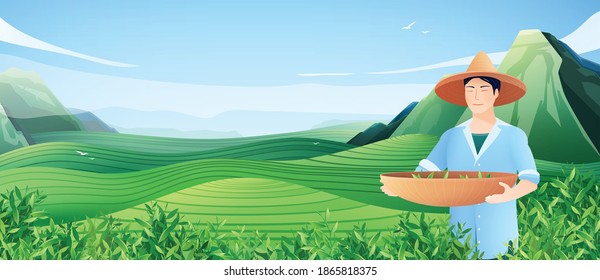 Natural tea production horizontal poster with chinese man busy harvesting on tea plantation flat vector illustration