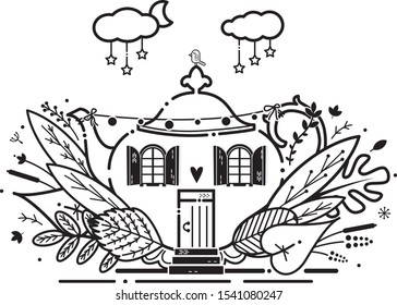 Natural teapot home vector with leafs