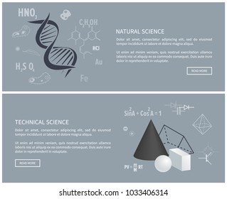 Natural and technical science, posters with subjects for education, science and web site with information and images isolated on vector illustration