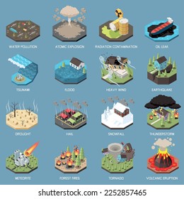 Natural and technological disaster isometric icons with climate change consequences and cataclysms isolated vector illustration