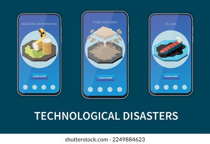 Natural and technological disaster isometric mobile app templates isolated vector illustration