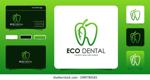 natural teeth logo design, tooth shape and green leaf design, symbol icon and business card