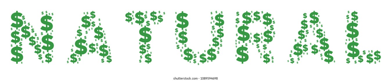 Natural text collage of dollars and circle spots. Vector dollar pictograms are arranged into natural text shape.