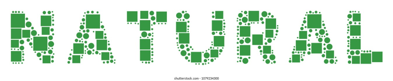 Natural Text composition icon of squares and round items in different sizes. Vector items are scattered into natural text composition design concept.