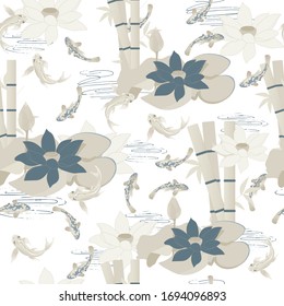 Natural textile seamless pattern in japanese style. Lotus flowers, bamboo and tropical fish in soft pastel colors. Vector illustration for fabric, bedding and tiles.