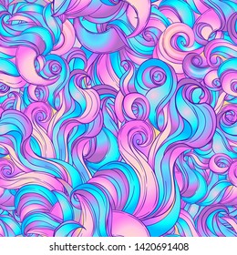 Natural texture. Decorative hand drawn doodle ornamental curly seamless pattern. Vector endless background. Stormy sea line art drawing. Splash ocean, clouds or hair.