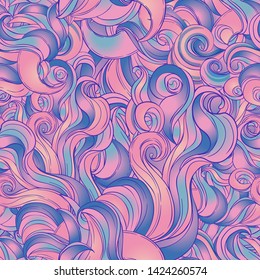 Natural texture. Decorative hand drawn doodle ornamental curly seamless pattern. Vector endless background. Stormy sea line art drawing. Splash ocean, clouds or hair.
