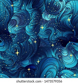 Natural Texture. Decorative Hand Drawn Doodle Ornamental Curly Seamless Pattern. Vector Endless Background. Starry Night Line Art Drawing. Splash Ocean, Clouds Or Hair.
