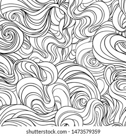 Natural texture. Decorative hand drawn doodle ornamental curly seamless pattern. Vector endless background. Stormy sea line art drawing. Splash ocean, clouds or hair.
