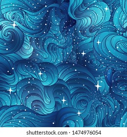 Natural texture. Decorative hand drawn doodle ornamental curly seamless pattern. Vector endless background. Starry night line art drawing. Splash ocean, clouds or hair.
