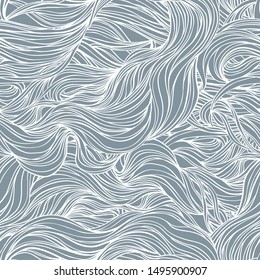 Natural texture. Decorative hand drawn doodle ornamental curly seamless pattern. Vector endless background. Stormy sea line art drawing. Splash ocean, clouds or hair.