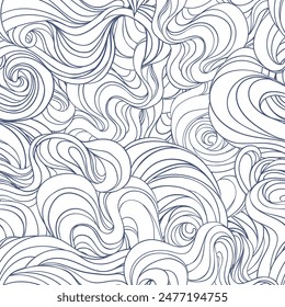 Natural texture. Decorative hand drawn doodle ornamental curly seamless pattern. Vector endless background. Stormy sea line art drawing.