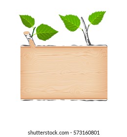 Natural textured birch wooden rectangular signboard with green leaves vector illustration
