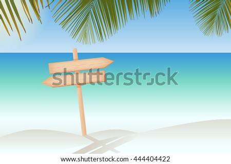 Natural textured wooden two arrows signboard on a pole at the paradise beach vector illustration