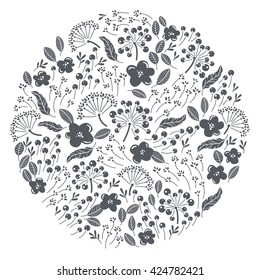 Natural textures in black and white colors. Vector flowers background in circle. It can be used for invitations, weddings, pictures, greeting cards, wallpaper.
