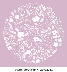 Natural textures in white colors. Vector flowers background in circle. It can be used for invitations, weddings, pictures, greeting cards, wallpaper.