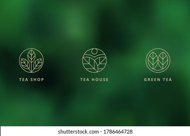 Natural thin line style green leaves round labels, logo design set on bokeh background