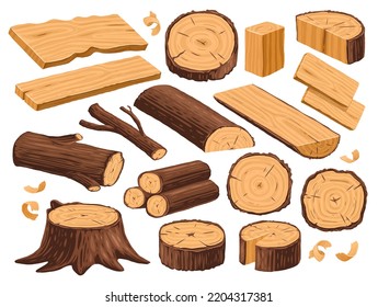 Natural timber, lumber industry, woodworking set. Carpentry materials, wood vector. Tree trunk, stump and planks