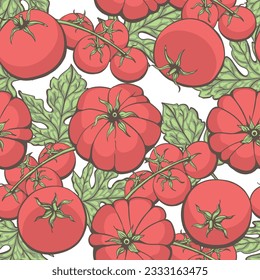 Natural tomato seamless pattern. Ripe tomatoes vegetables food and leaves texture, effortless agriculture product tomamato endless background