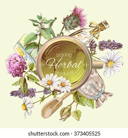 Natural treatment round banner with wild flowers and medicinal herbs. Design for cosmetics, store, beauty salon, natural organic health care products.Can be used as logo design.Vector illustration