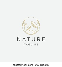 Natural tree flower elegant gold color line art logo icon design template flat vector illustration