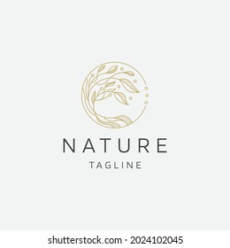 Natural tree flower elegant gold color line art logo icon design template flat vector illustration